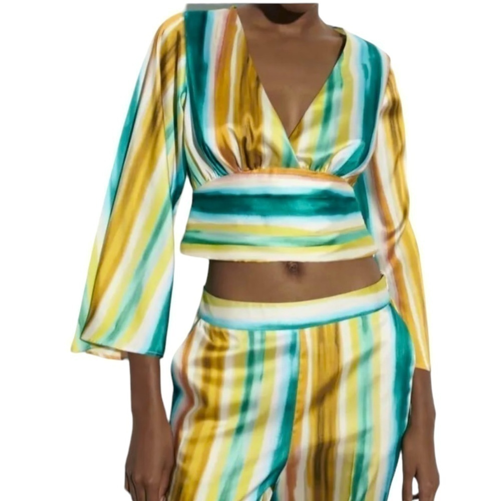 NWOT Zara satin green and gold striped bell sleeve cropped wrap blouse